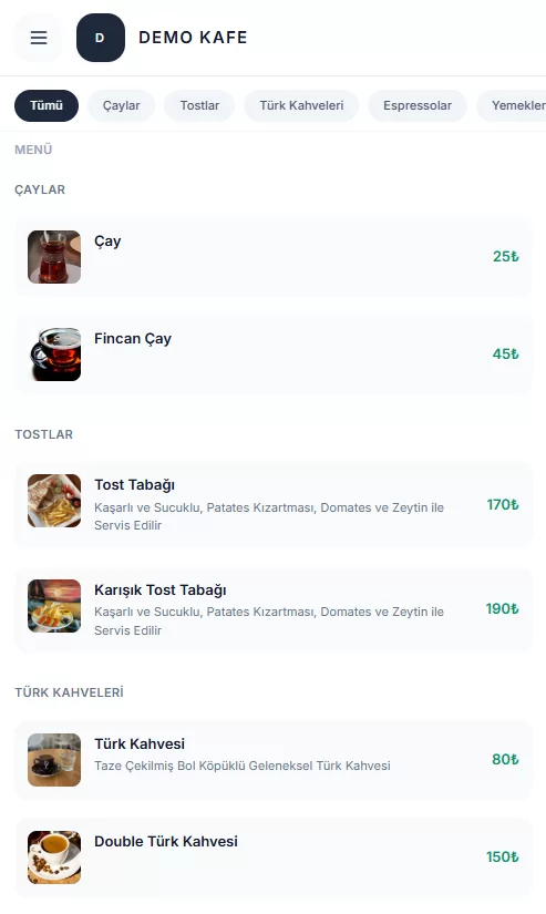 QR Menü demo sayfa - Dijital menü arayüzü, kategori seçimi ve ürün listesi görünümü