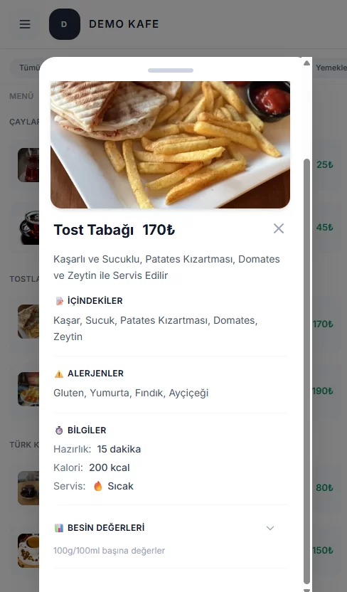 QR Menü ürün özellikleri - Ürün detay sayfası, alerjen bilgileri, besin değerleri ve hazırlama süresi